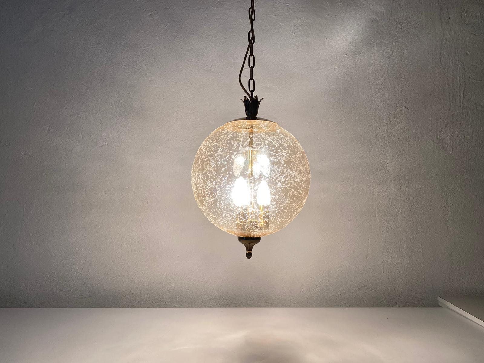 Fantastic Mid Century Modern Smoke Glass Pendant Lamp   Pomegranate Designed Brass Top And Bottom Details, 1960s, Germany photo for sale