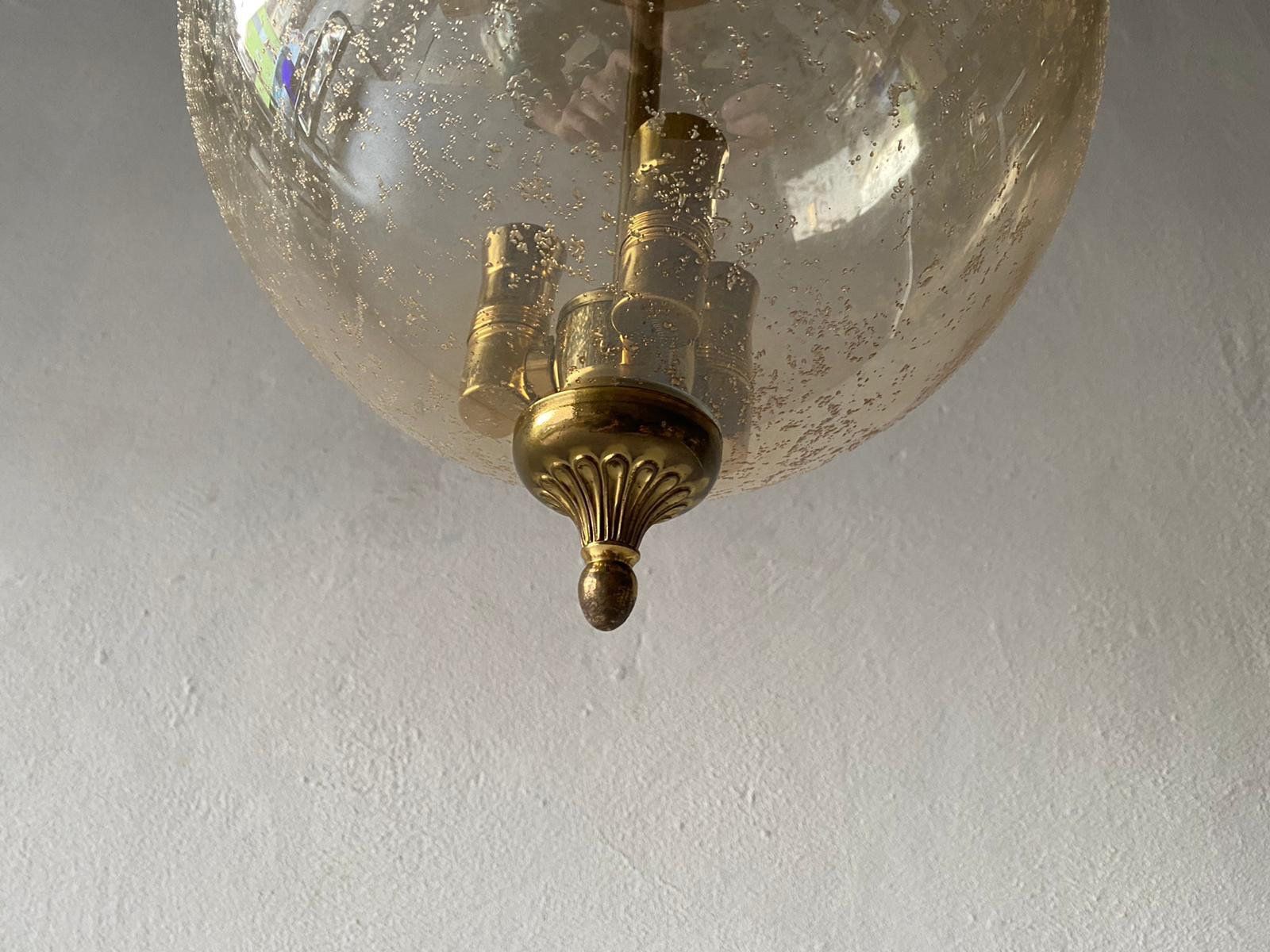 Fantastic Mid Century Modern Smoke Glass Pendant Lamp   Pomegranate Designed Brass Top And Bottom Details, 1960s, Germany photo vinterior