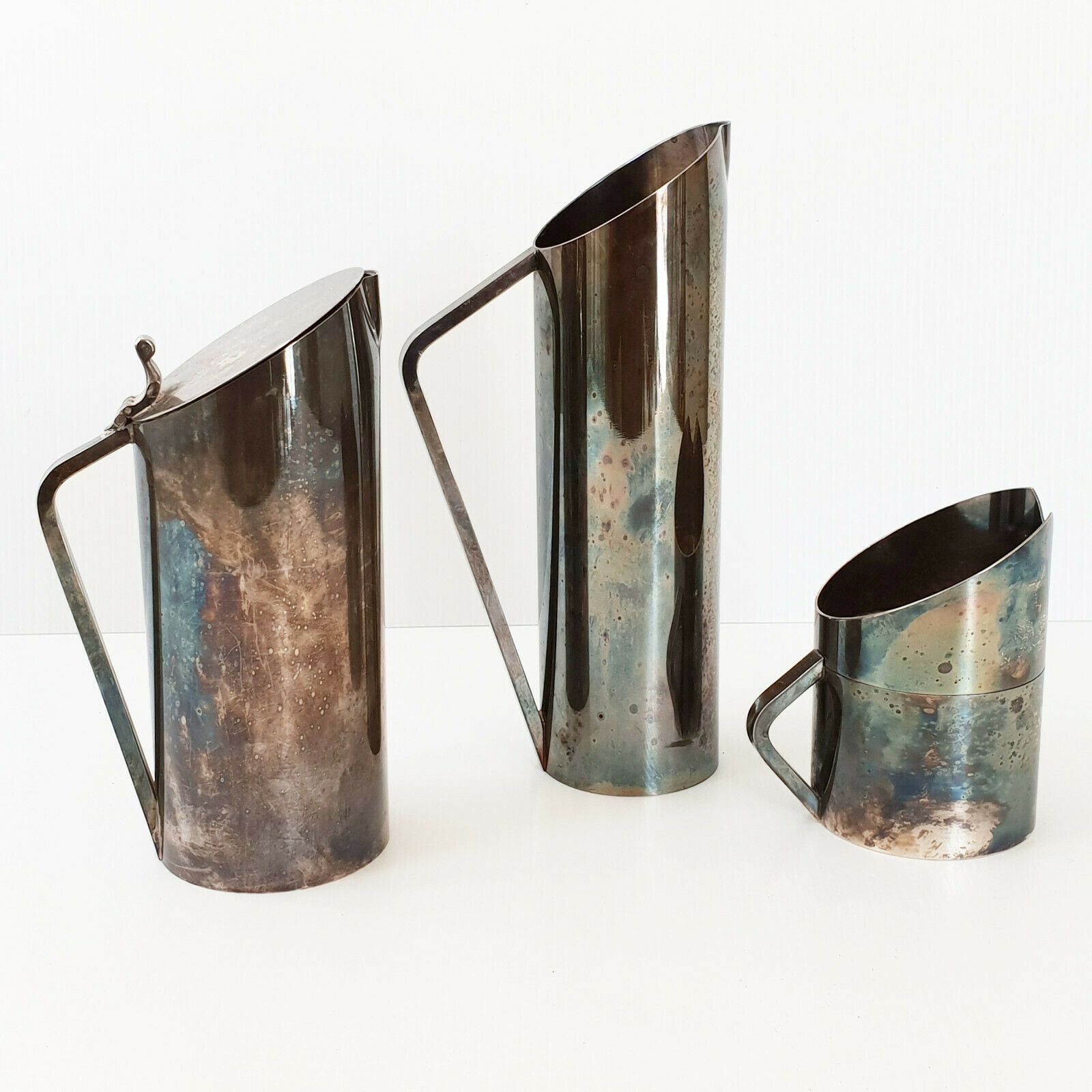 Suite Of 3 Vintage Pitchers 1970 In Silver Metal Design 70s 1970s France