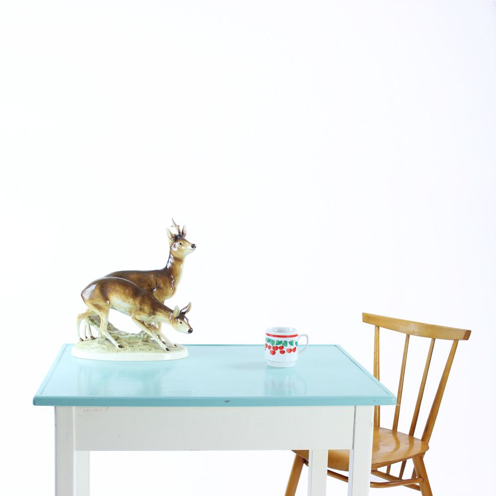 Wooden Farm Table In White & Turquoise Color, Czechoslovakia 1950s photo for sale