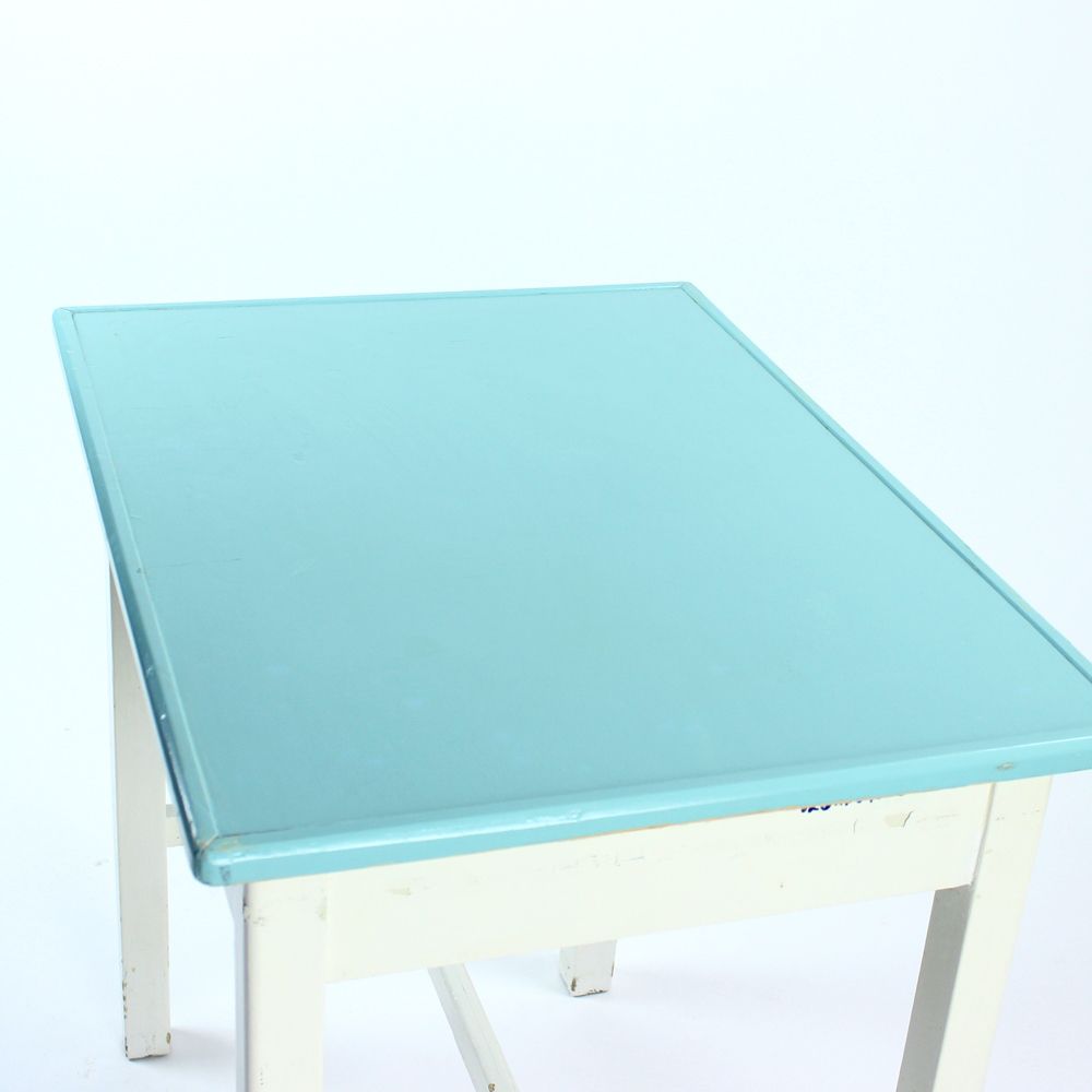Wooden Farm Table In White & Turquoise Color, Czechoslovakia 1950s photo buy