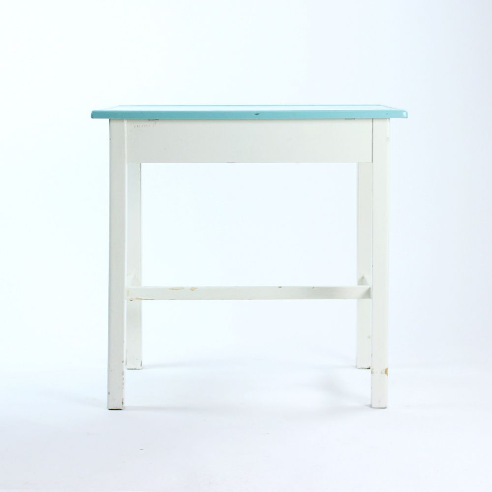 photo furniture Wooden Farm Table In White & Turquoise Color, Czechoslovakia 1950s