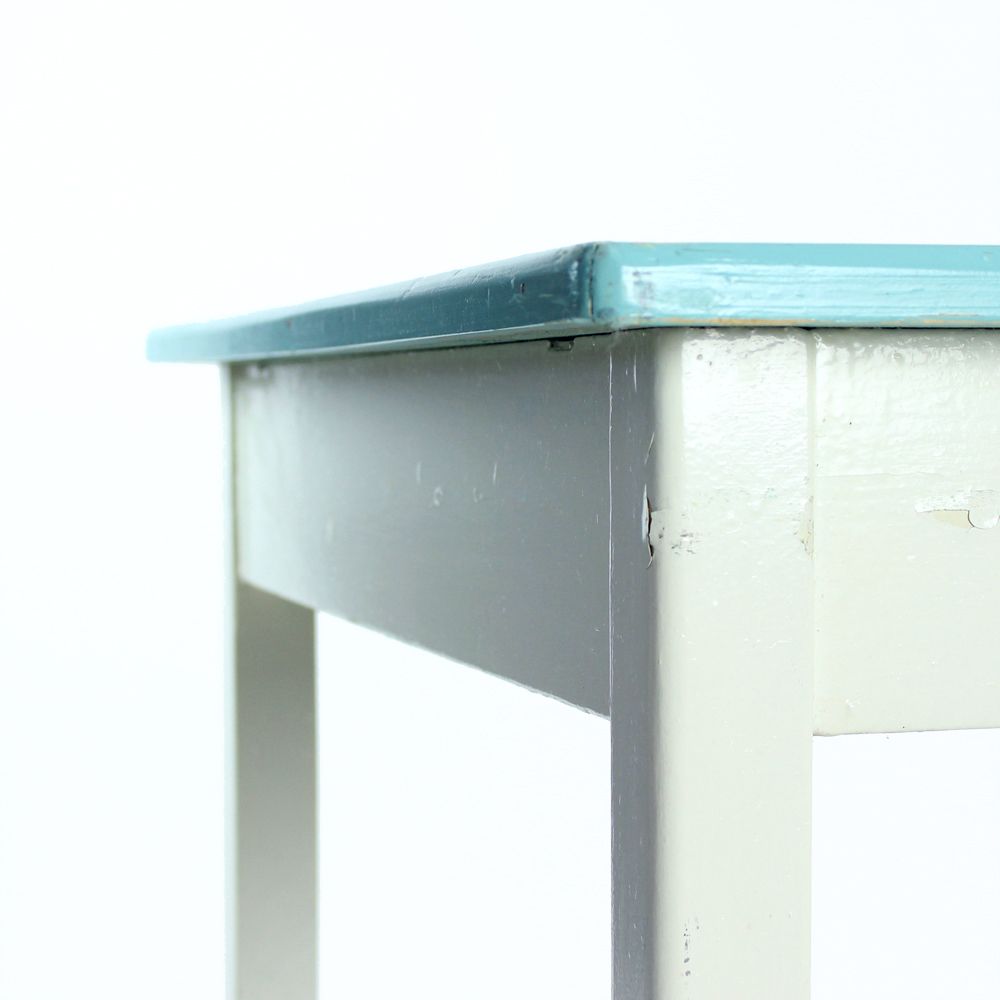 Furniture Wooden Farm Table In White & Turquoise Color, Czechoslovakia 1950s photo
