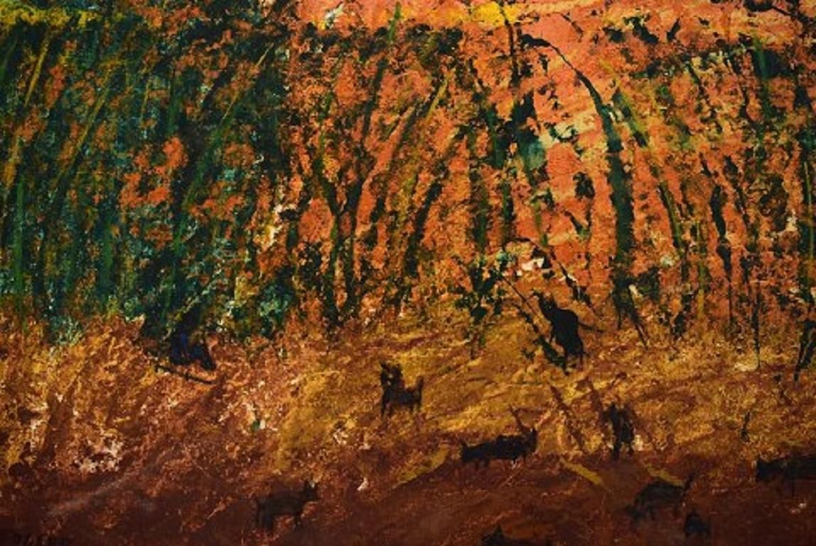 Göta Fogler Sweden Oil On Canvas Abstract Landscape With Animals photo 886.0