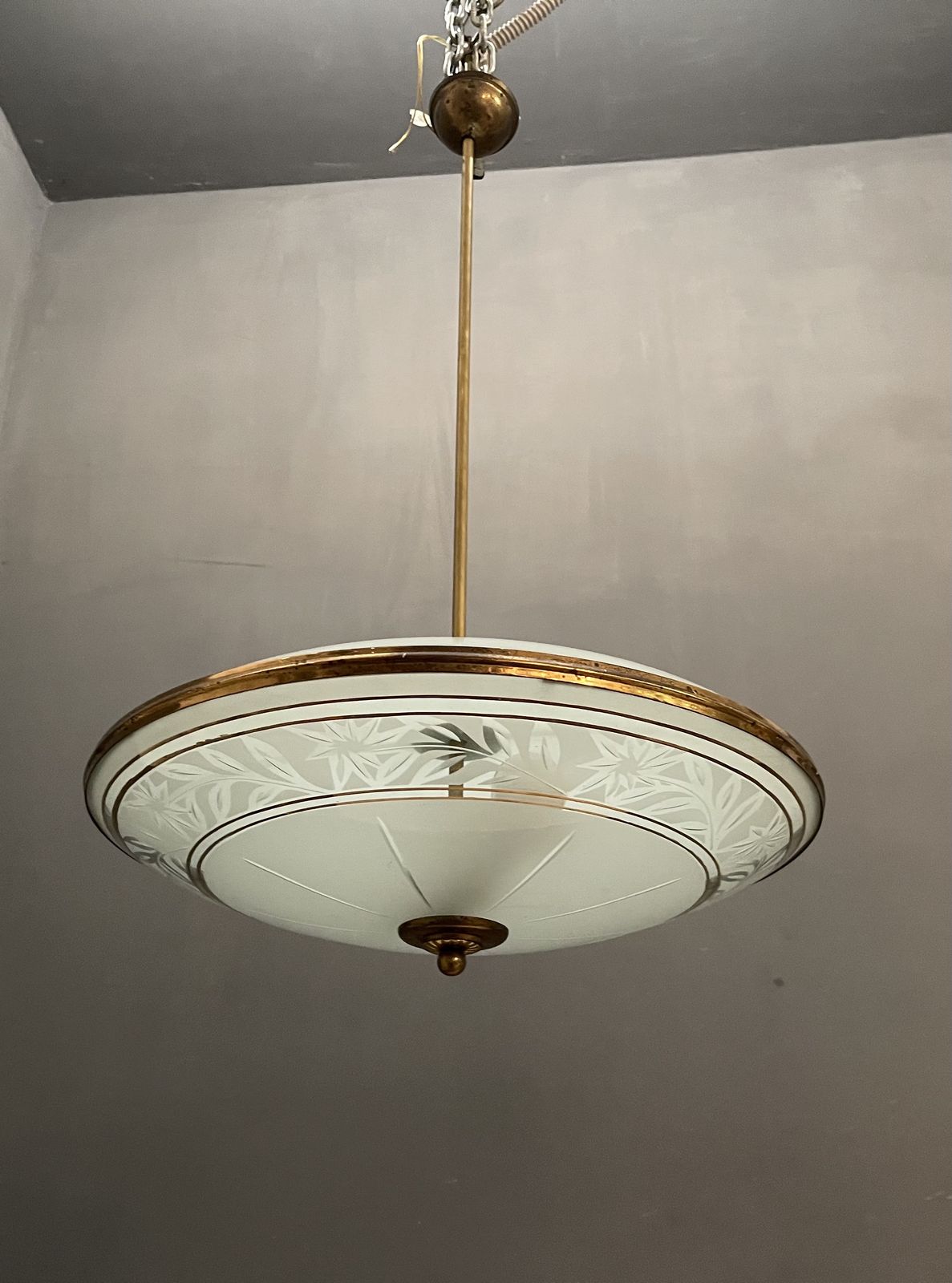 Italian Glass Etched Light Pendant 1950’s photo Lighting