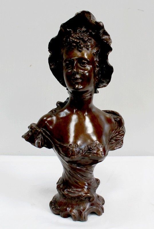 Bronze "Woman With A Hat", By Meslais, Early 20th Century photo Home Decor