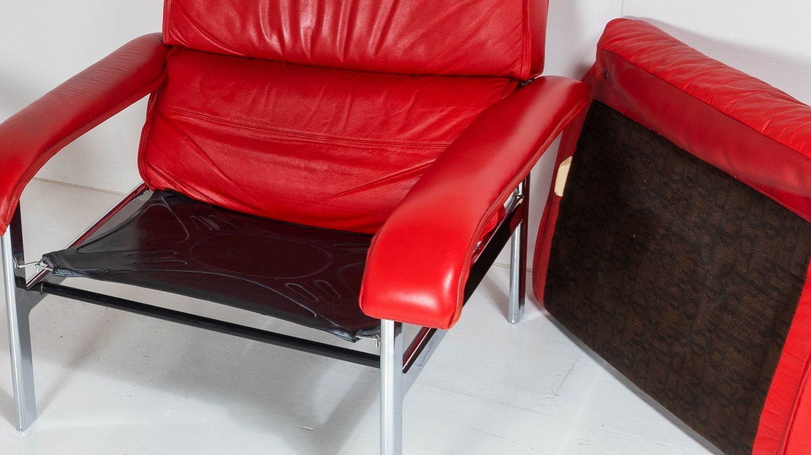 Mid Century Pieff Gamma Red Leather Tubular Chrome Suite Complete With Leather Swivel Chair Set And Leather Armchair Set And Leather Footstool photo 5250.0