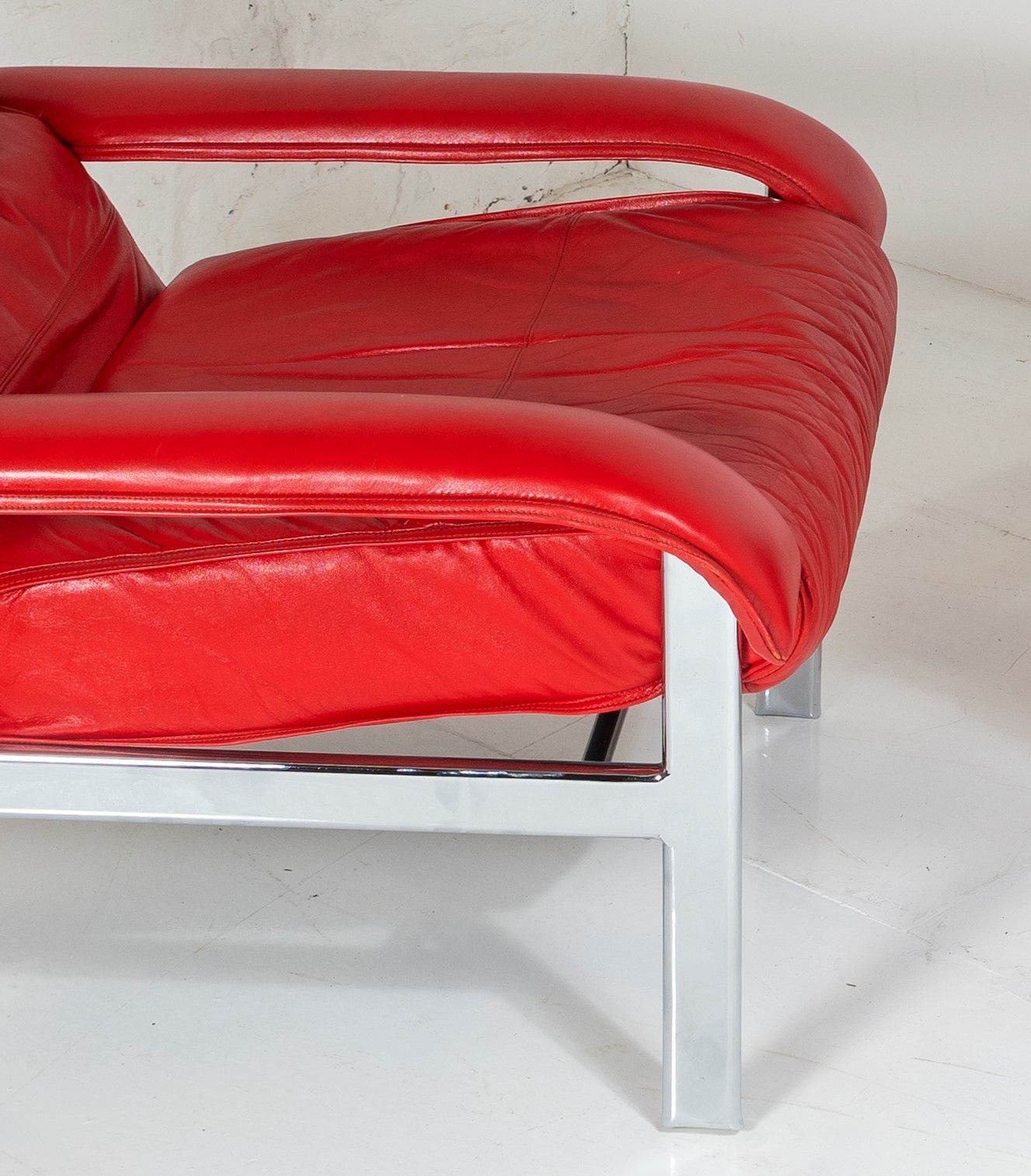 photo for sale Mid Century Pieff Gamma Red Leather Tubular Chrome Suite Complete With Leather Swivel Chair Set And Leather Armchair Set And Leather Footstool