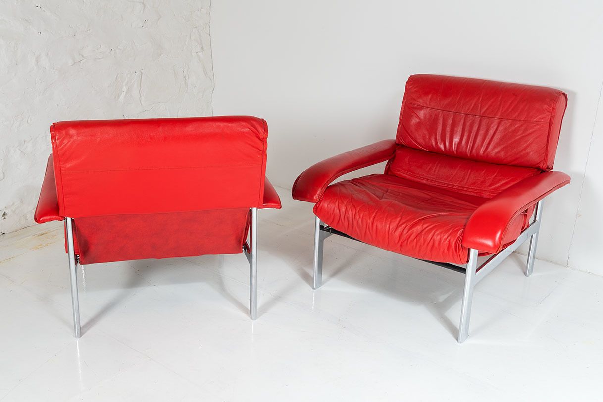 Furniture Mid Century Pieff Gamma Red Leather Tubular Chrome Suite Complete With Leather Swivel Chair Set And Leather Armchair Set And Leather Footstool photo