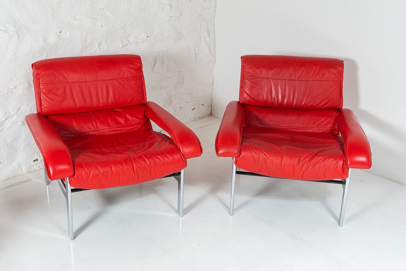 photo vinterior Mid Century Pieff Gamma Red Leather Tubular Chrome Suite Complete With Leather Swivel Chair Set And Leather Armchair Set And Leather Footstool