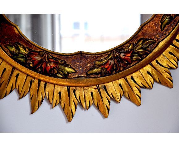 Golden Wooden Sun Mirror, France, 1980, 70cm photo 689.0