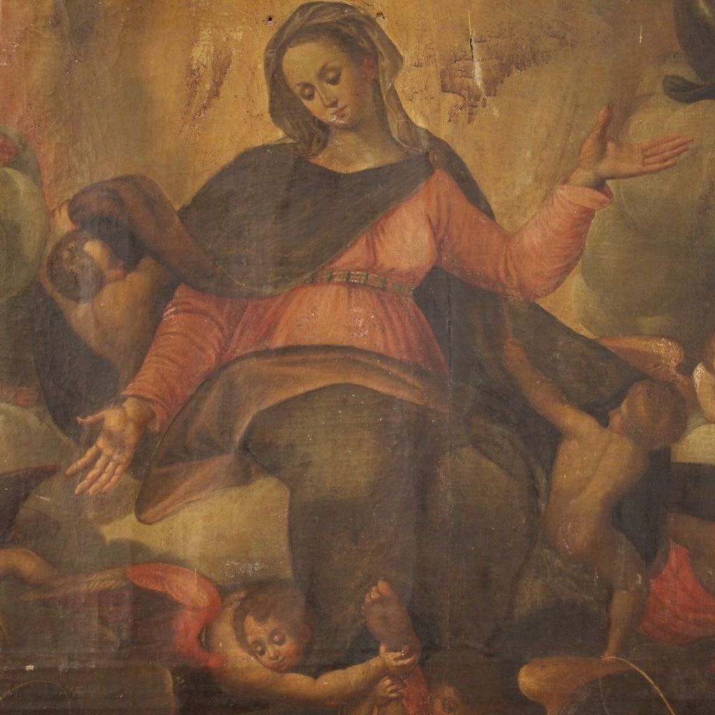 Antique Italian Religious Painting Virgin With Angels And Saints From 18th Century photo furniture