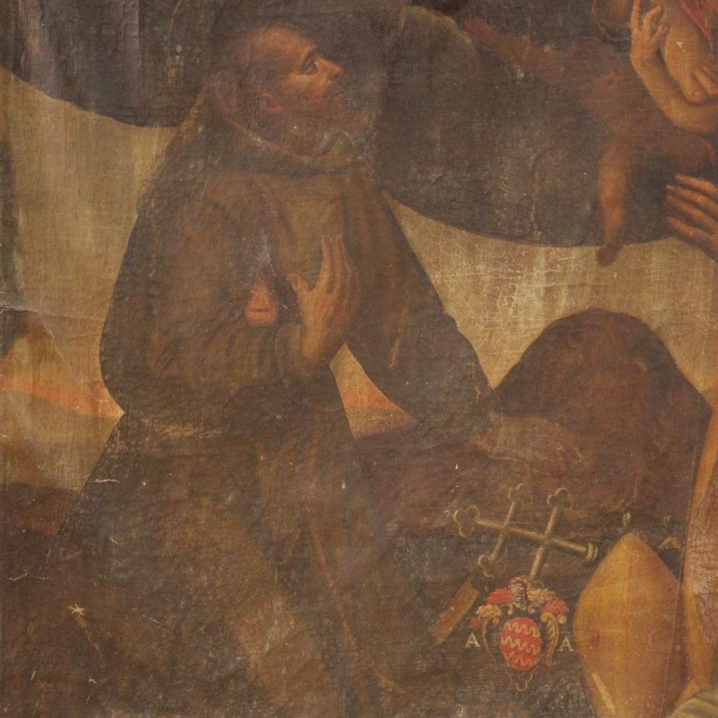 Antique Italian Religious Painting Virgin With Angels And Saints From 18th Century photo for sale