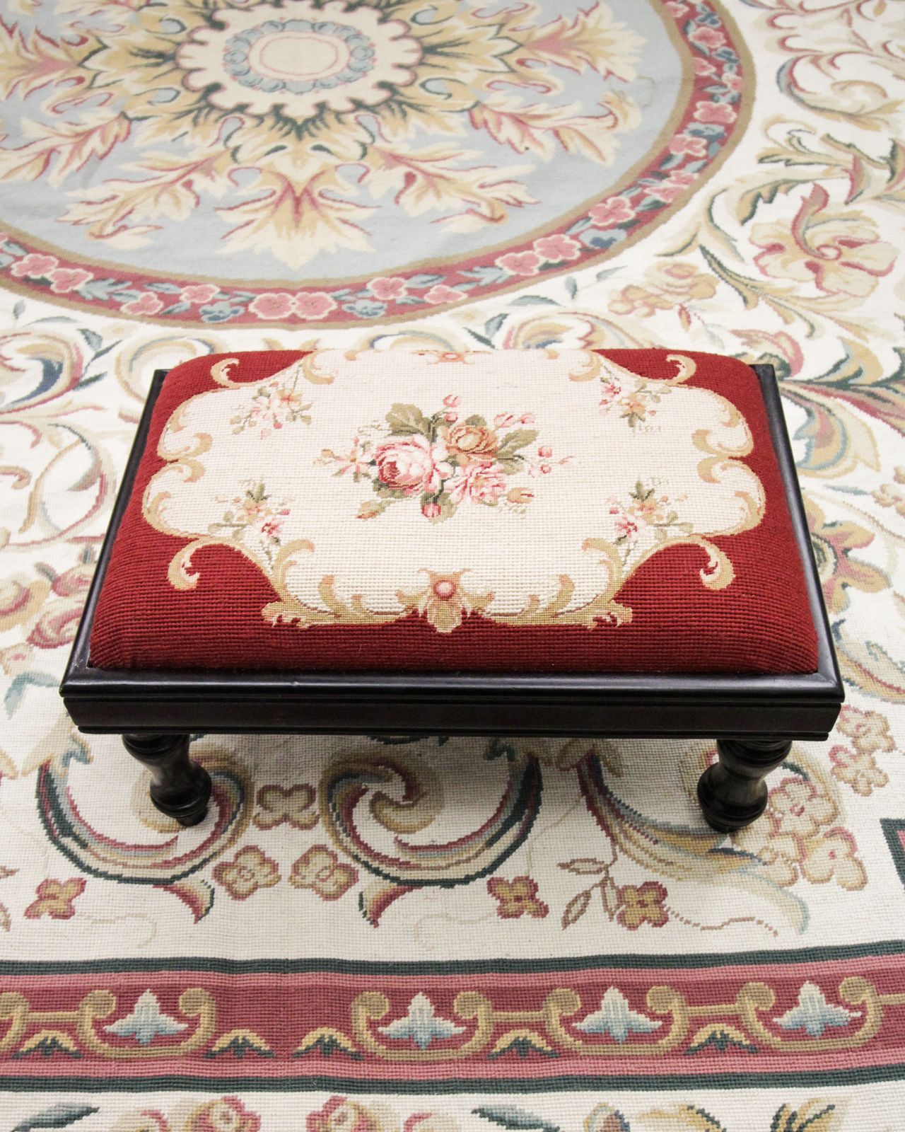 Small Floral Vintage Aubusson Style Upholstered Foot Stool photo furniture