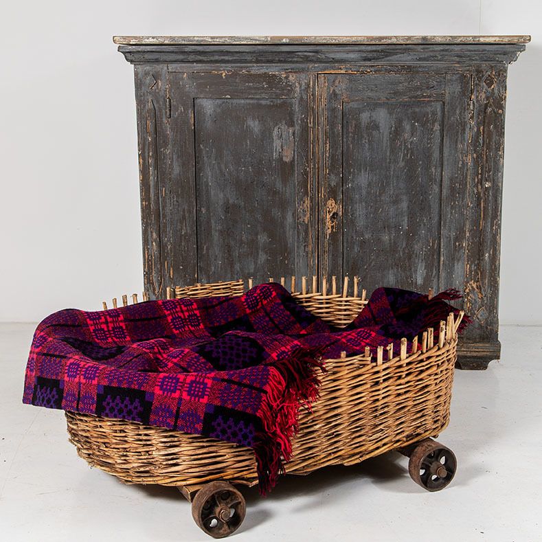 Large Wicker Dog Bed Or Log Basket On Cast Iron Wheels