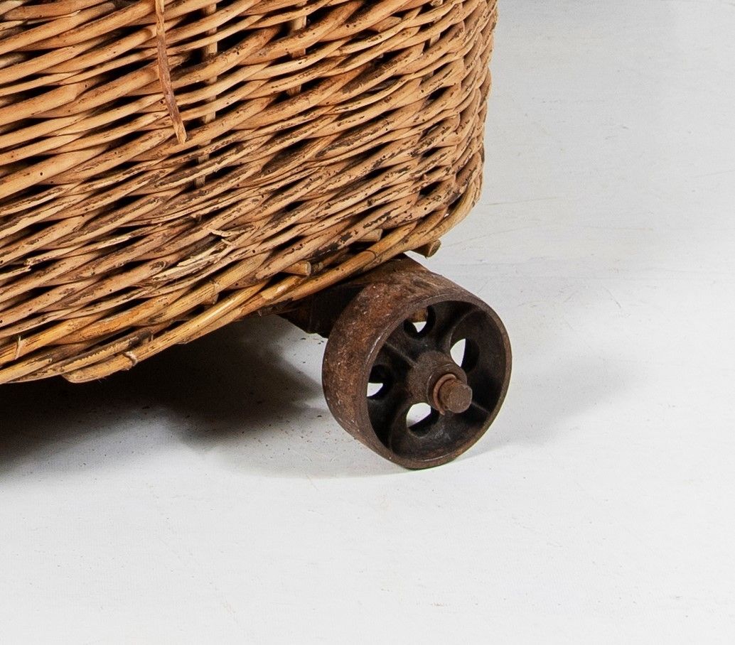 Large Wicker Dog Bed Or Log Basket On Cast Iron Wheels photo vintage