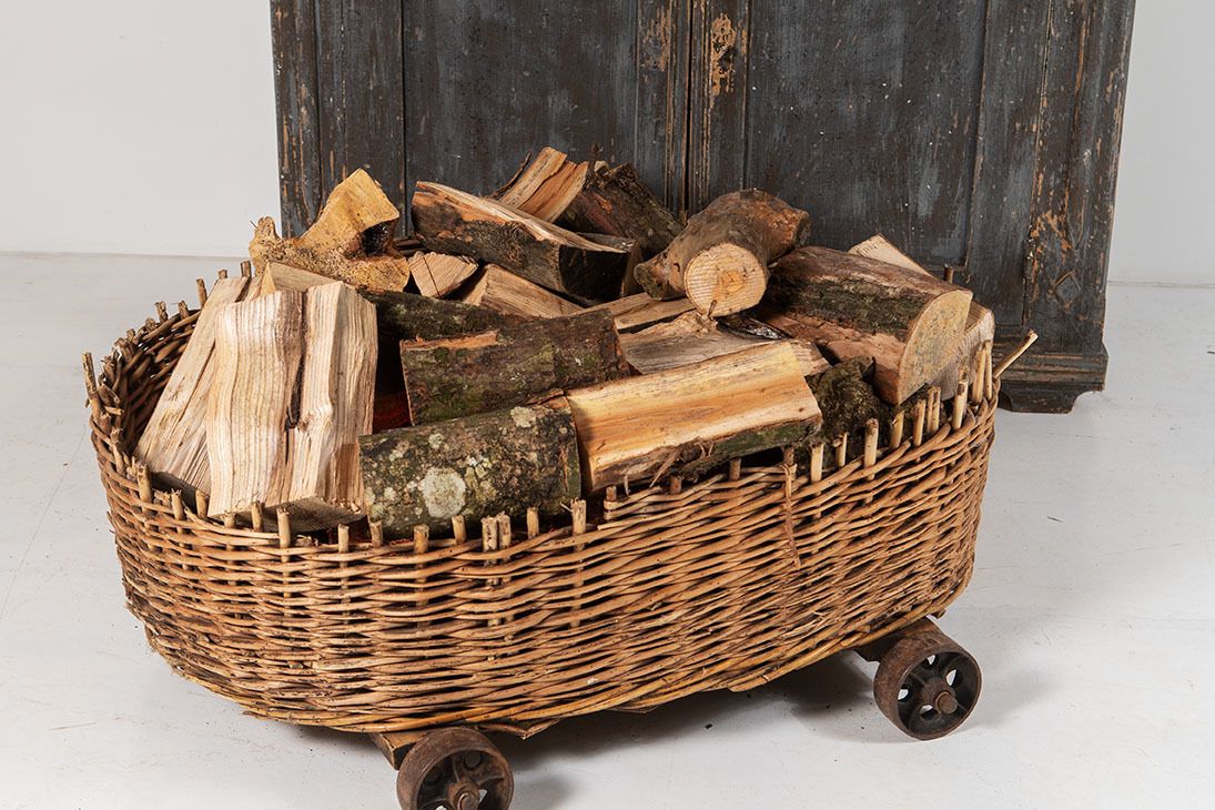 Home Decor Large Wicker Dog Bed Or Log Basket On Cast Iron Wheels photo