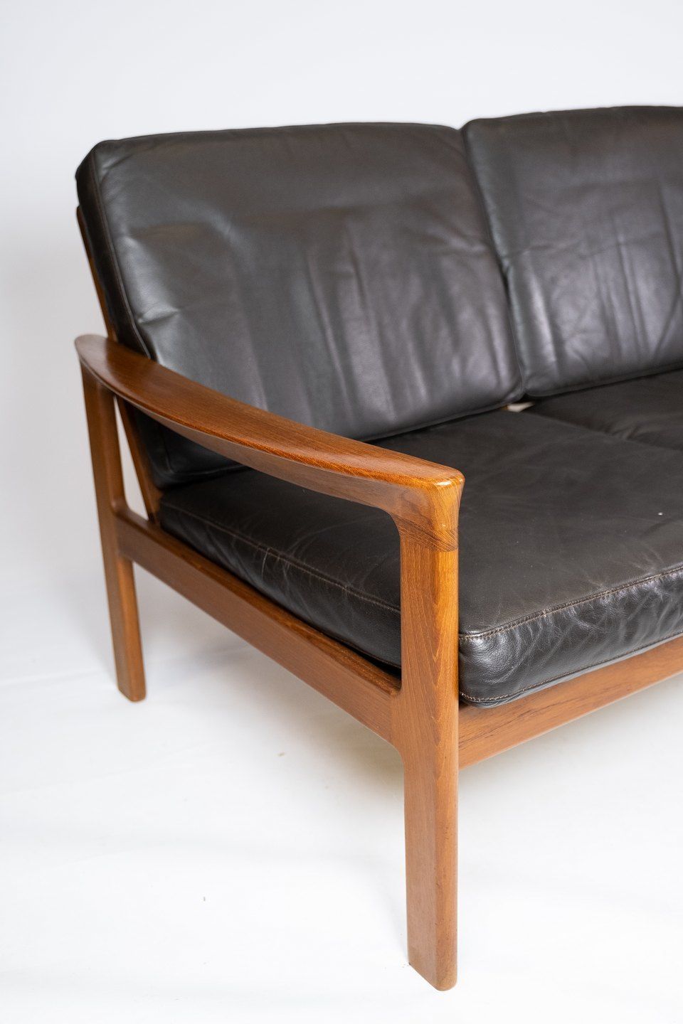 Three Seater Sofa In Teak And Upholstered With Black Leather, Designed By Arne Vodder And Manufactured By Komfort In The 1960s. photo Furniture