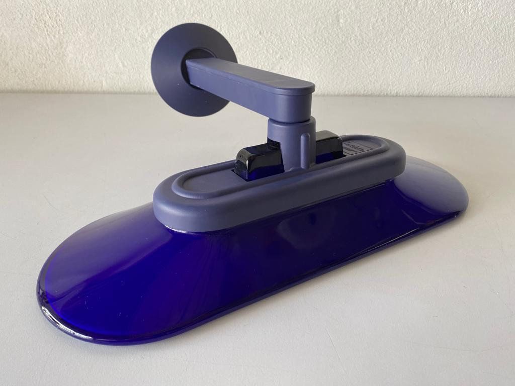 Cobalt Blue Glass & Grey Metal Body Pair Of Sconces By Arteluce, A500 Design By King And Miranda, 1970s, Italy photo Lighting