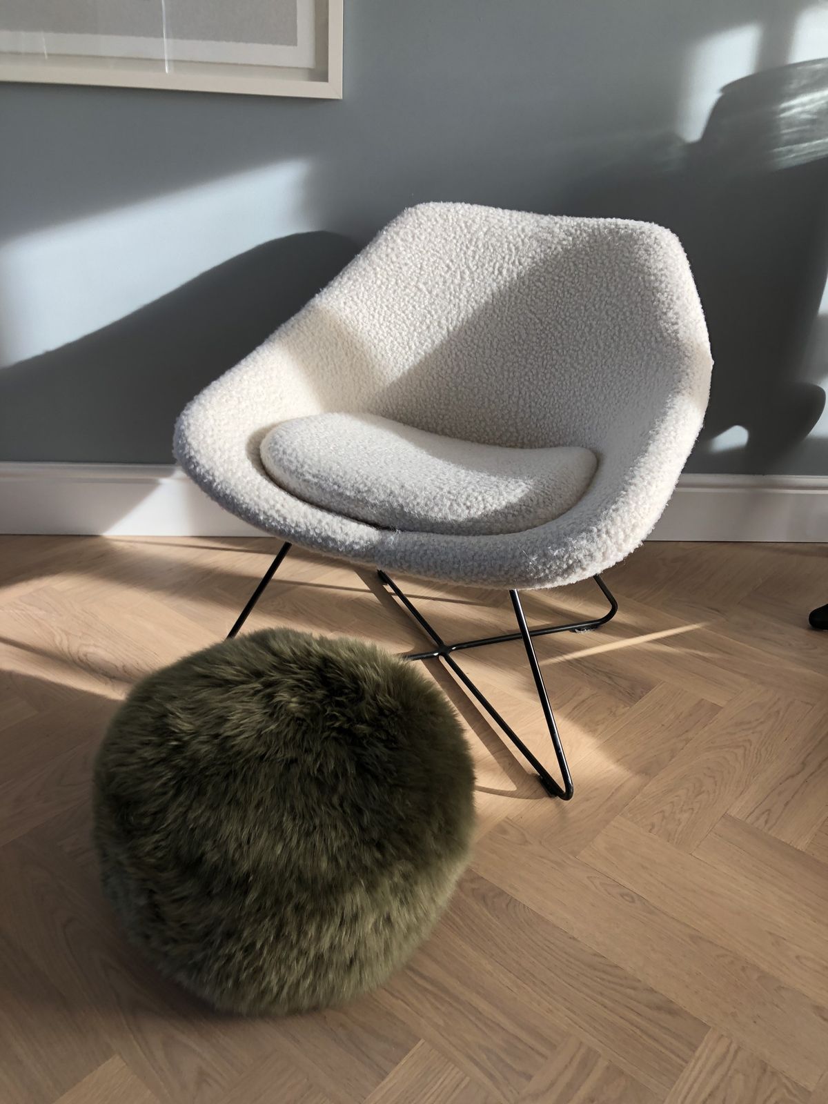 photo for sale Green Sheepskin Pouffe, Dark Khaki Genuine Sheepskin, Sheepskin Pouffe, Sheepskin Footstool, Luxury Gift,