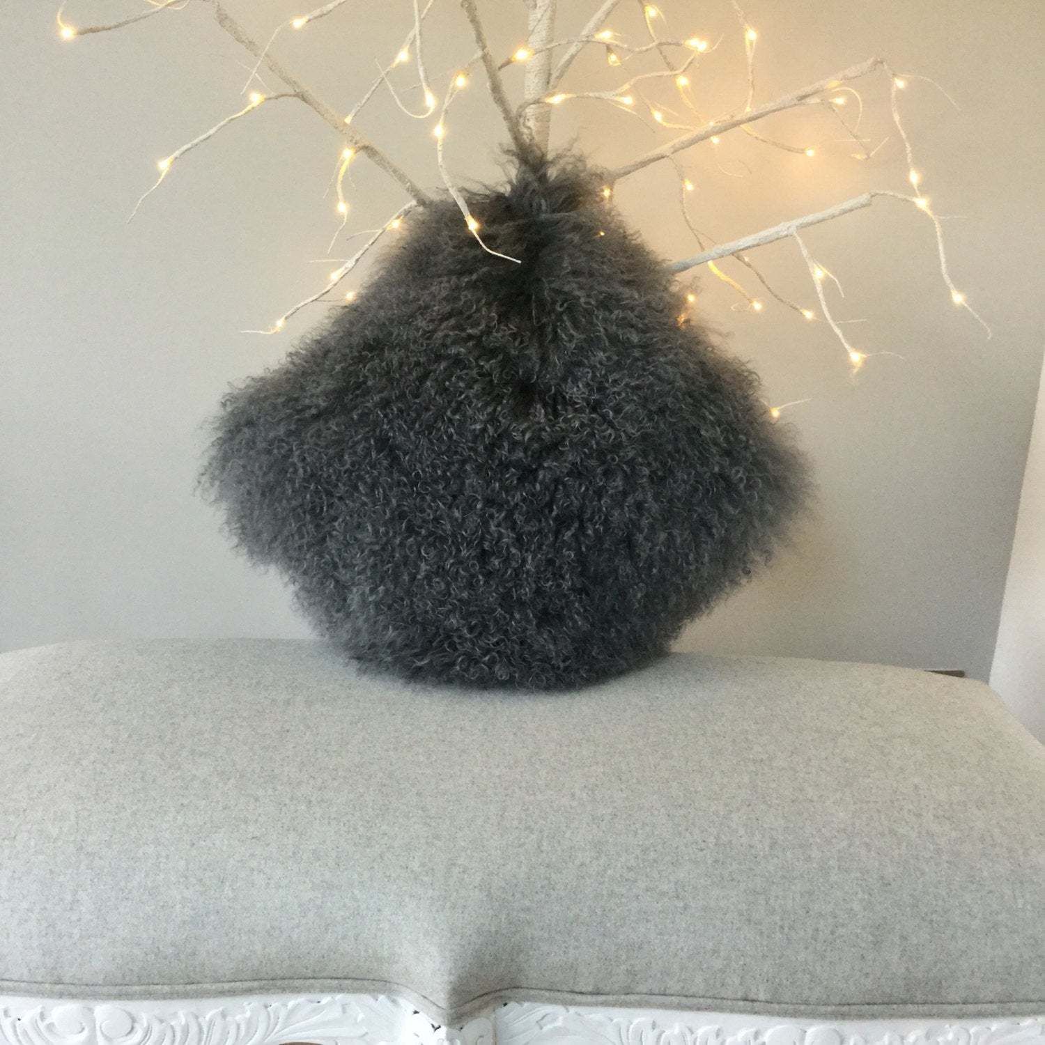 Luxury Fur Grey Cushion, Pillow, Tibetan Sheepskin In A Stunning Mid Grey Colour, Gray Cushion, Home Decor, Hygge photo furniture