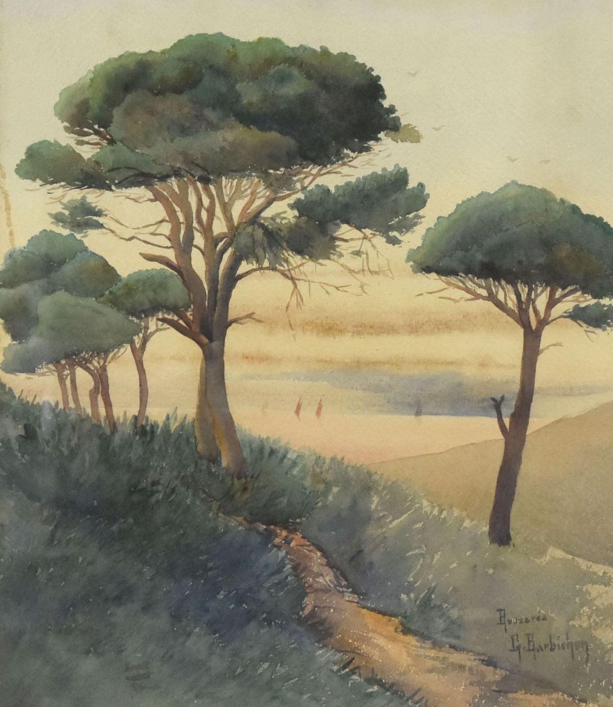 Gouache Landscape With Parasol Pines Signed G. Barbichon French School 1900 photo furniture