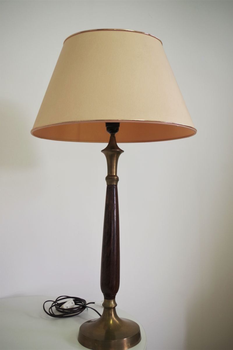Lampade In Mogano, Brass & Cotton Hats Di Abat Jour, Anni '50, Set Di 2 photo buy