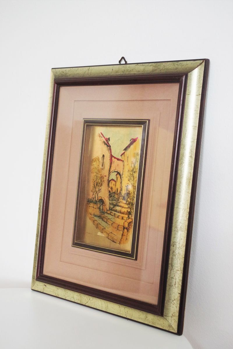 Immagini Incorniciate Italiane Con Foglie D'oro Di R. Pighetti, Anni '70, Set Di 2 photo for sale