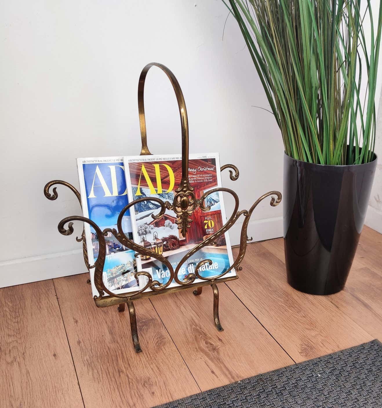 1950s Italian Midcentury Neoclassical Regency Brass Magazine Stand Or Rack photo vinterior