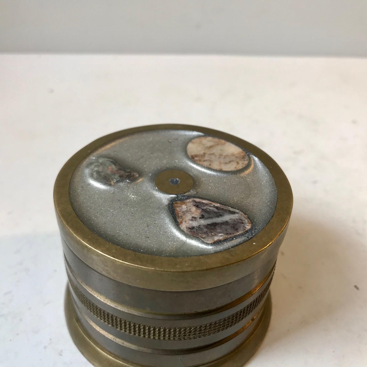 Scandinavian Bronze Snuff Box, Trinket With Inlaid Minerals Samples, 1950s photo for sale