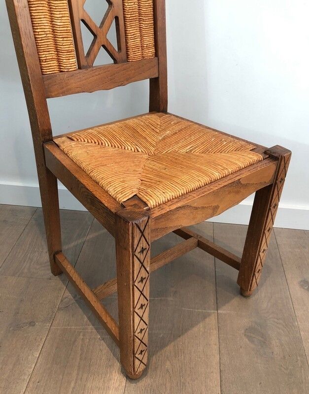 Set Of 6 Brutalist Chairs Made Of Ash And Straw. French Work, Circa 1950 photo vintage