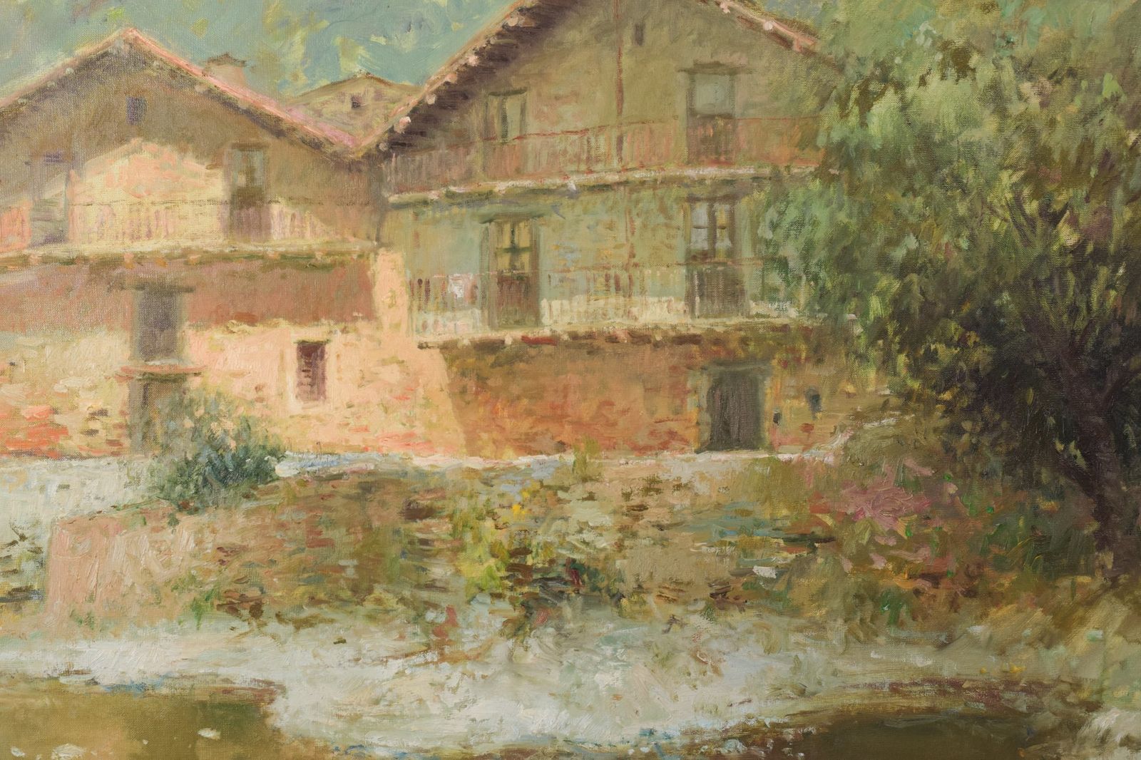 Joan Ramon Palau Junca – Impressionistisch Schilderij Met Rivier En Chalets photo Kunst