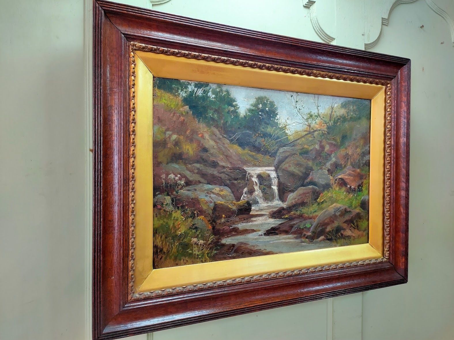 Oil Painting A Waterfall In The Welsh Countryside Late 19th Century photo furniture