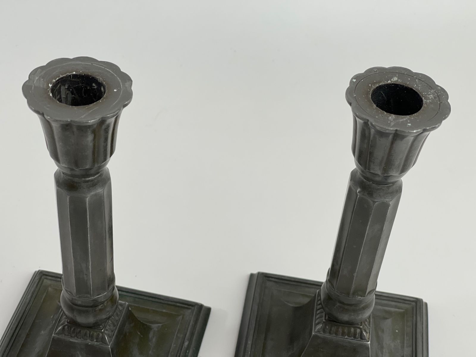 Pair Of Art Deco Just Andersen Candle Holders In Disco Metal. Patina. Danish Design In The First Half Of The 20th Century photo for sale
