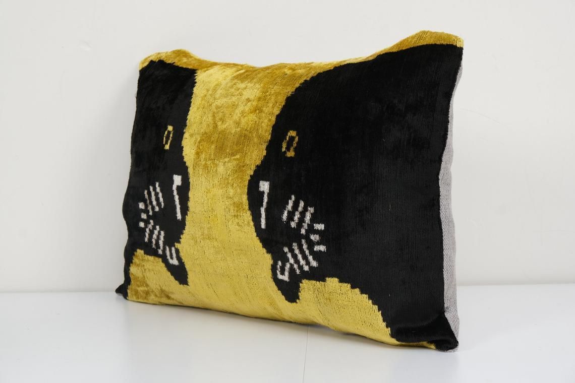 Panther Ikat Velvet Pillow, Silk Lumbar Cushion Cover, Animal Lumbar Pillows, Boho Pillow photo for sale