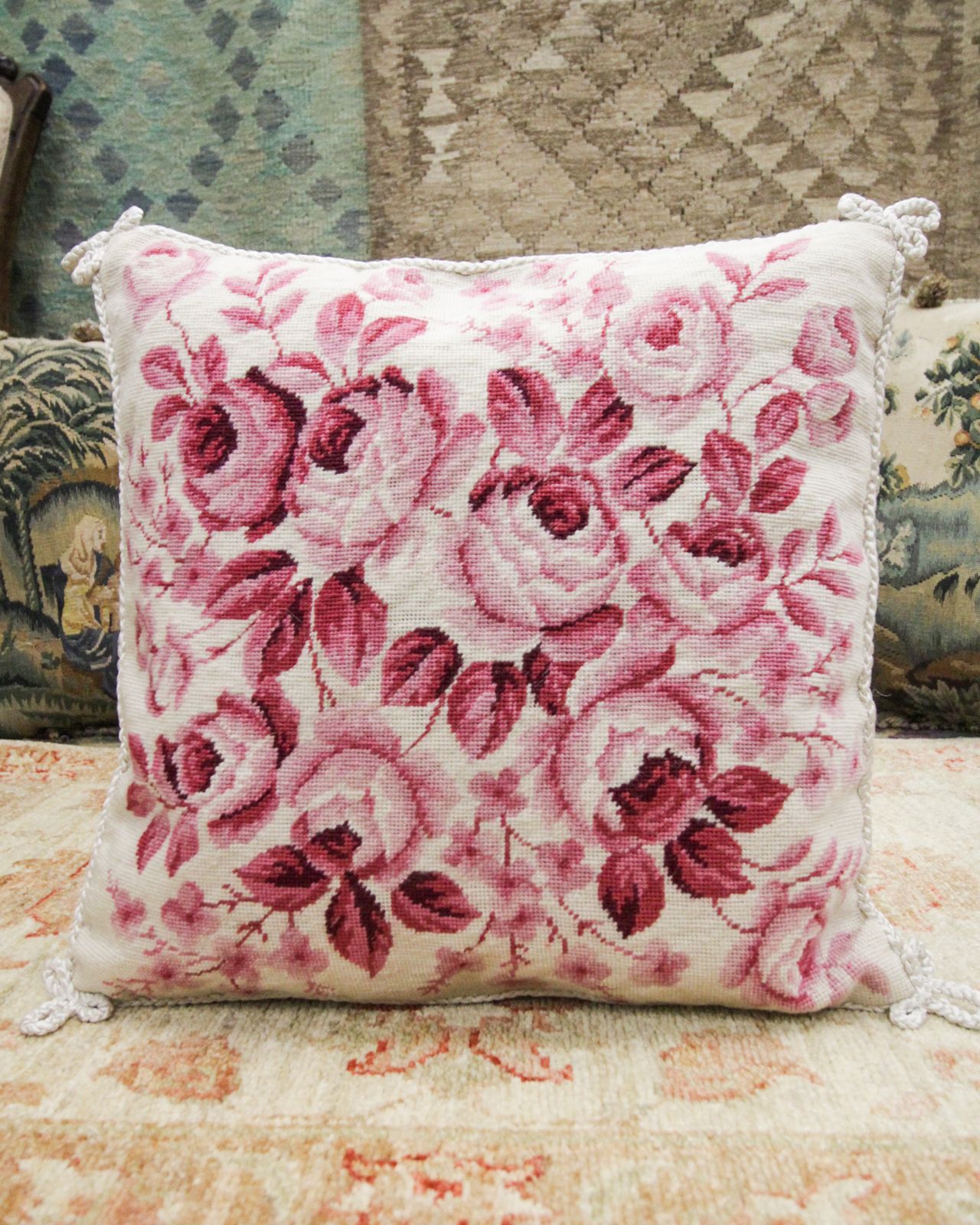 Pair Of Floral Needlepoint Cushion Covers Handmade Wool Scatter Pillows Case photo furniture