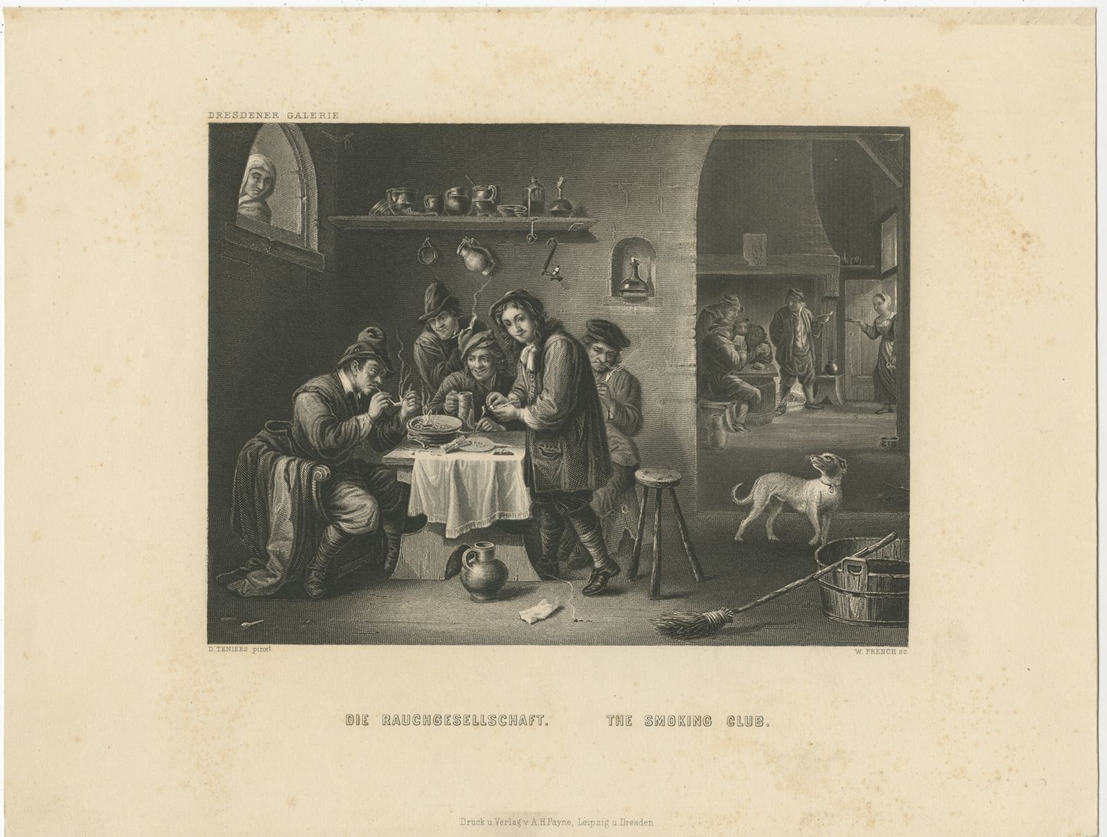 Antique Print Of A Smoking Club By Payne (C.1850)