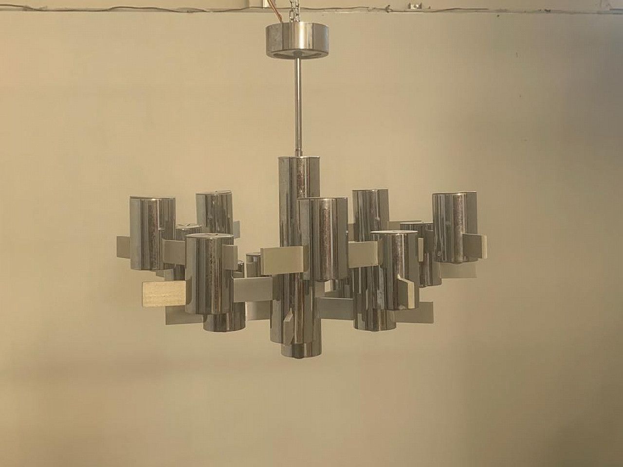 Chandelier By Gaetano Sciolari In Steel And Aluminum, 70s photo furniture
