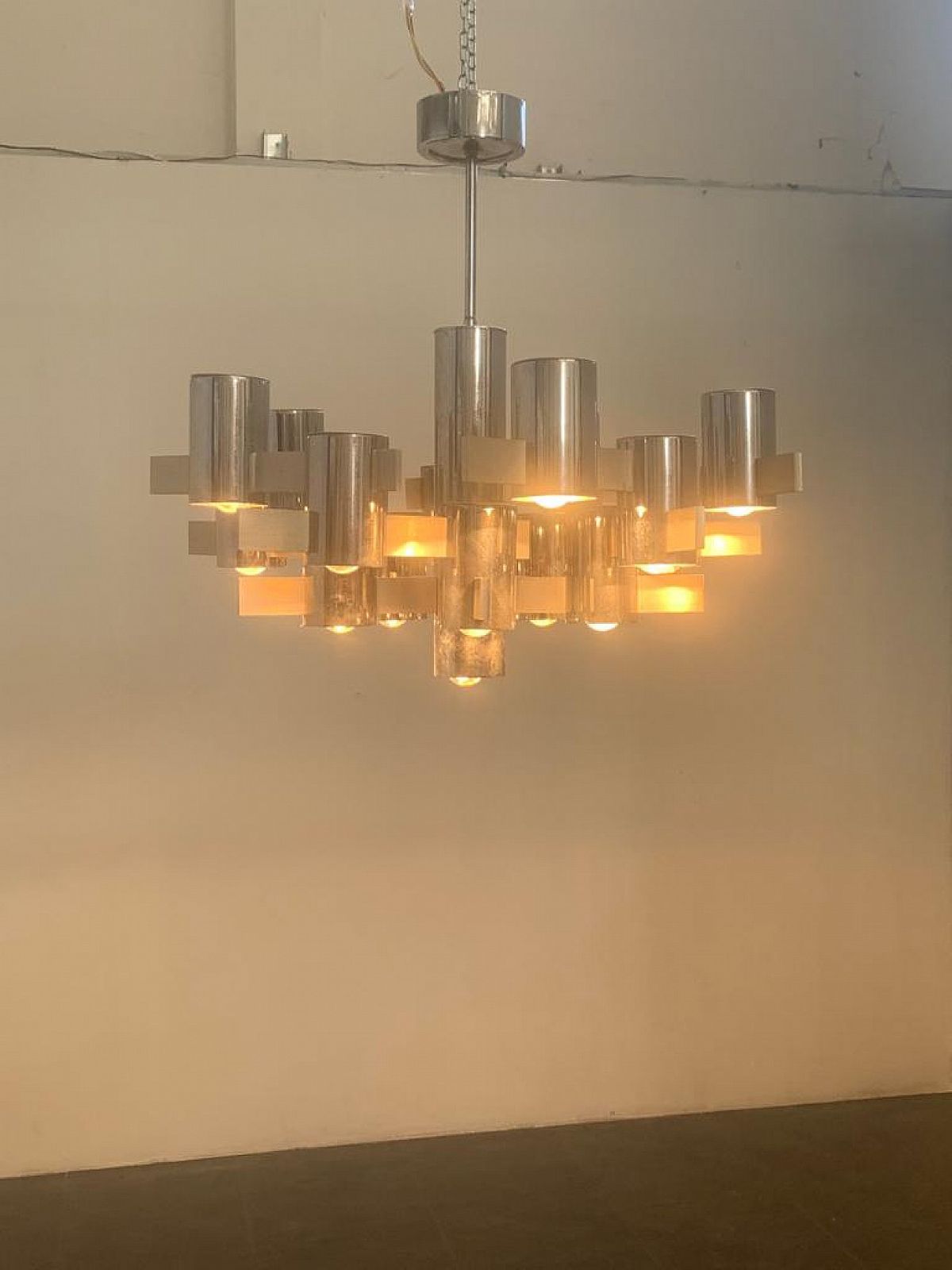Chandelier By Gaetano Sciolari In Steel And Aluminum, 70s photo vintage