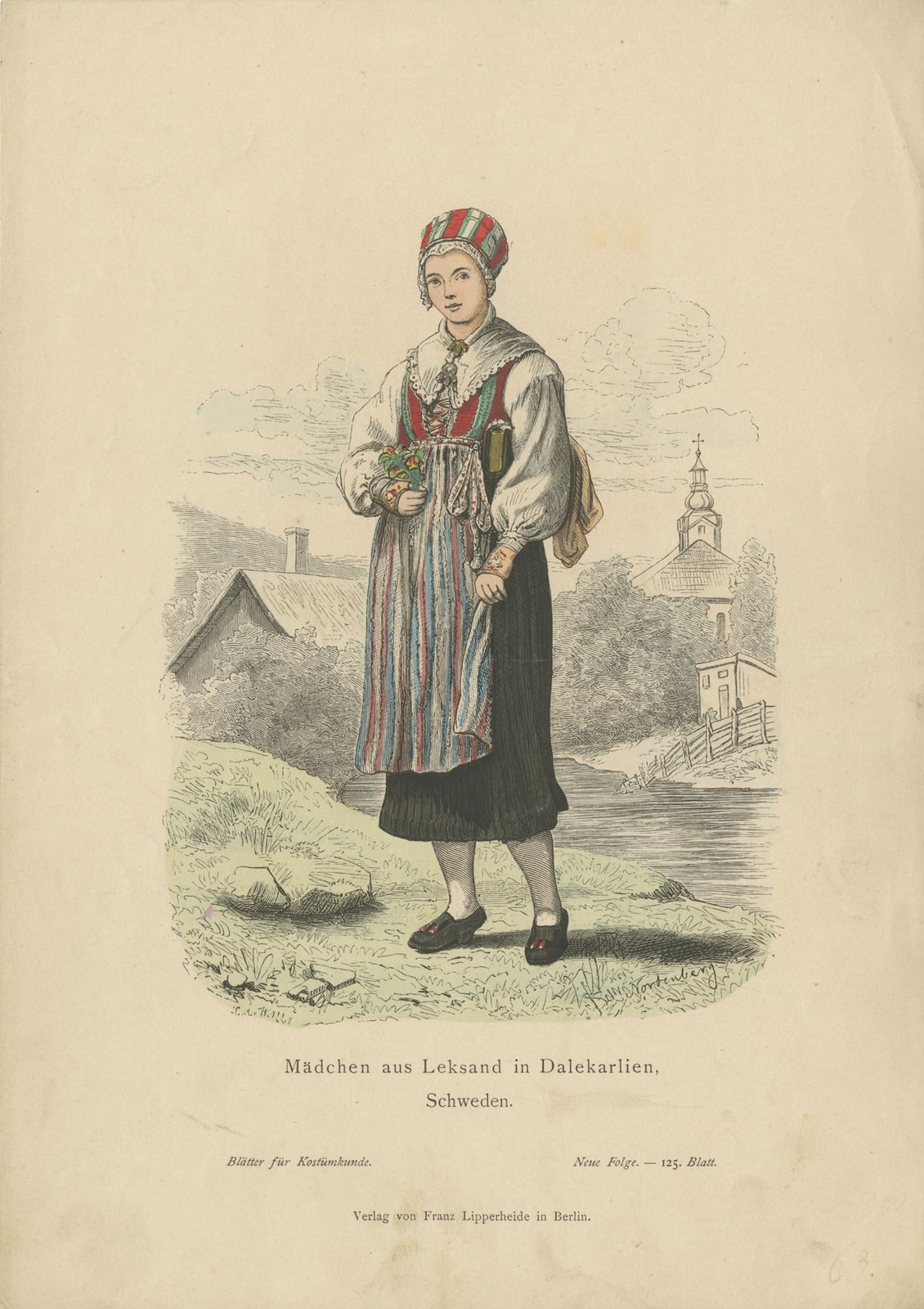 Antique Costume Print Of A Girl From Leksand (Sweden) By Lipperheide (C.1880)