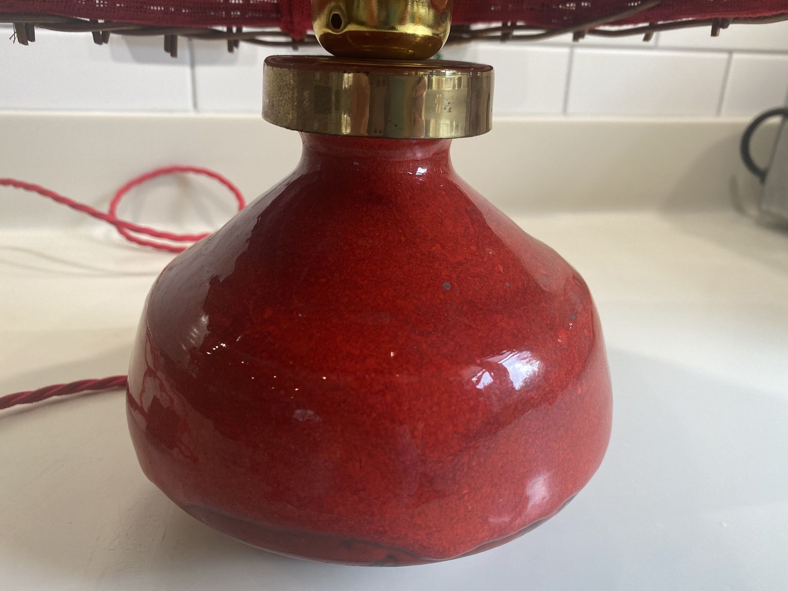 photo for sale Red Glazed Table Lamp Rattan Shade Nykirka Motala Sweden 1960s Excellent Condition Rewired