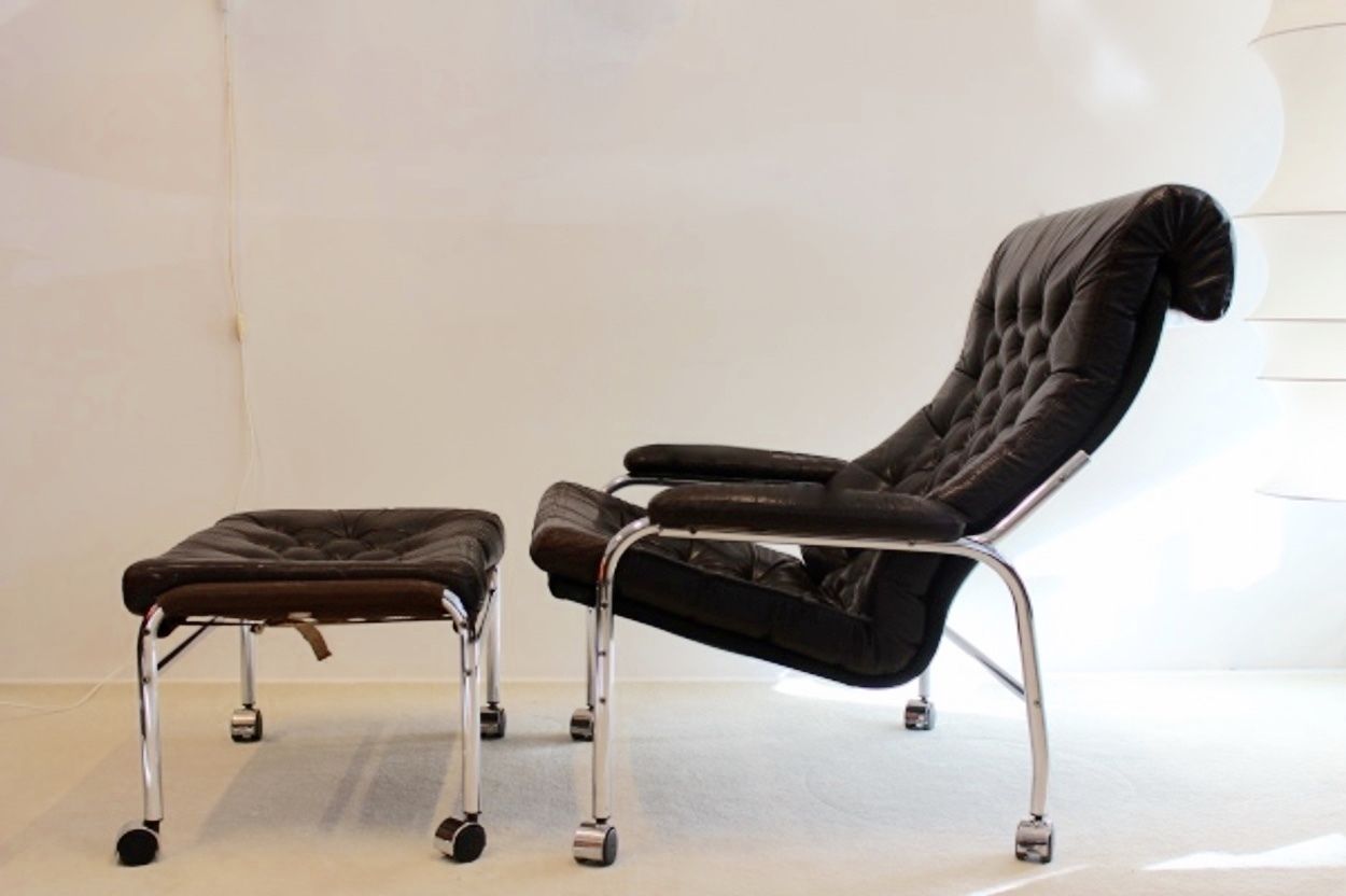 Bore Leather Lounge Chair With Footstool By Noboru Nakamura For Ikea, 1970s photo for sale