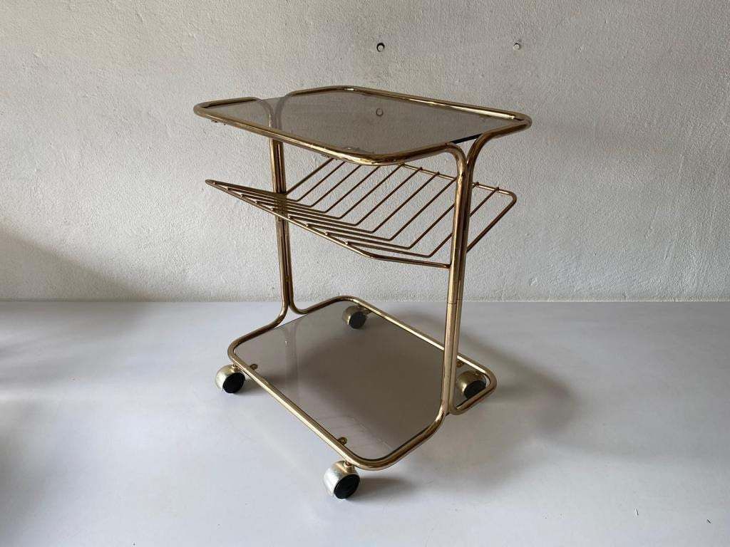 Mid Century Modern Gold Metal And Smoked Glass Magazine Stand Table, Living Room Organiser, 1960s,