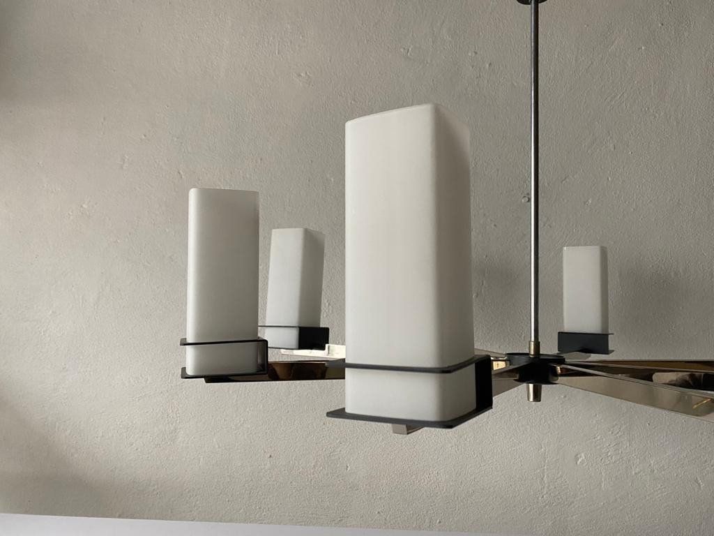 Excellent 8 Cylinder Opal Glass Tubes And Black Chrome Metal Body Atomic XX L Chandelier, 1970s photo vinterior