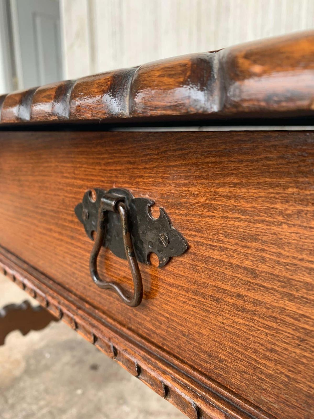 Early 20th Spanish Desk With Lyre Legs And Carved Edges On Top photo vintage