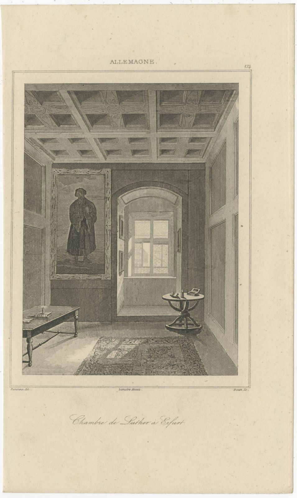 Antique Print Of Martin Luther's Monastery Room By Le Bas (1838)