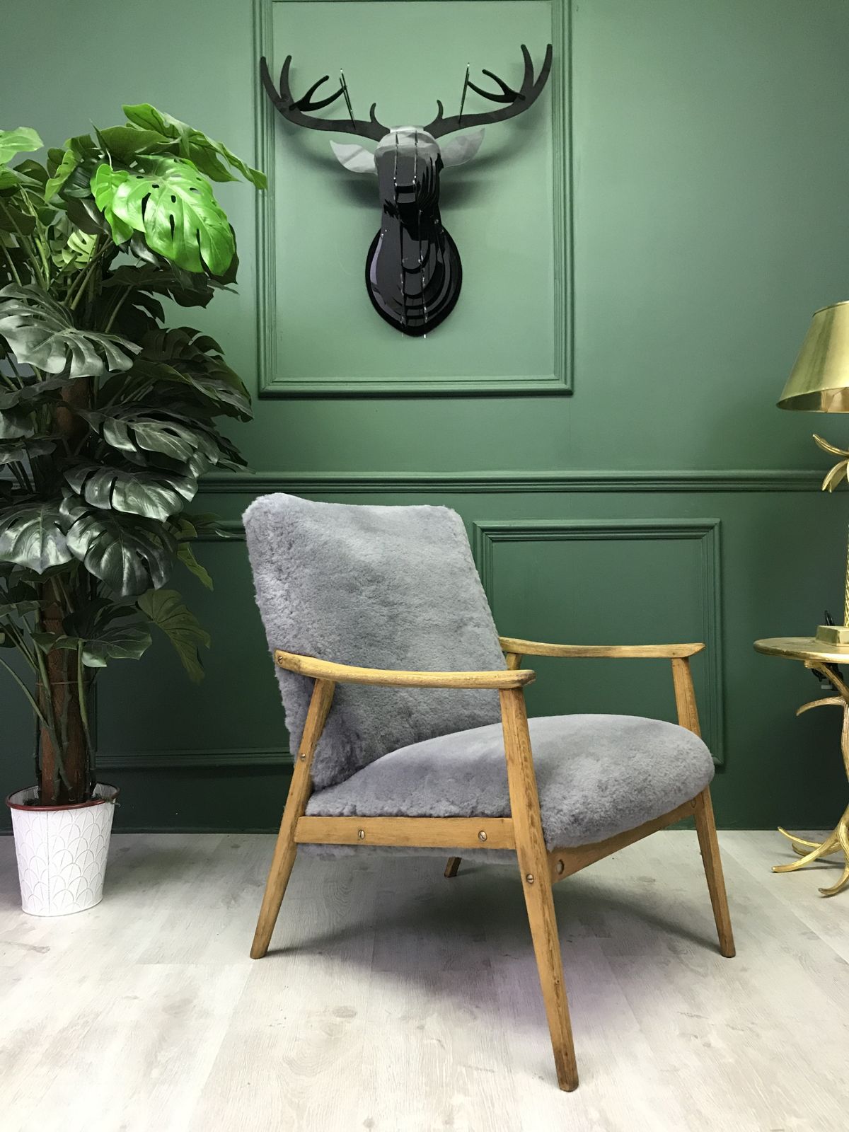 Vintage Art Deco Grey Fluffy Furry Sheepskin Armchair Chair