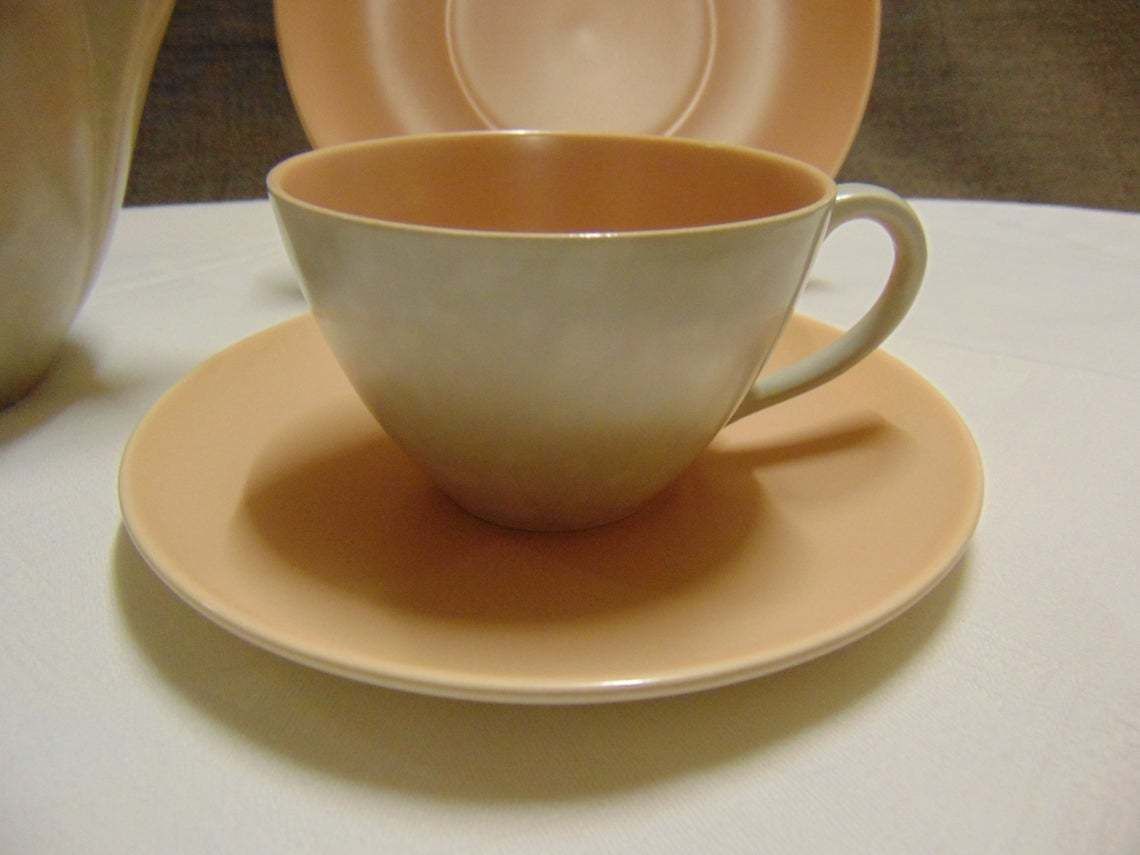 Vintage 1950s Poole Pottery Teapot, Teacup, Saucer And Teaplate Soft Pink And Soft Grey Twintone photo 55.0