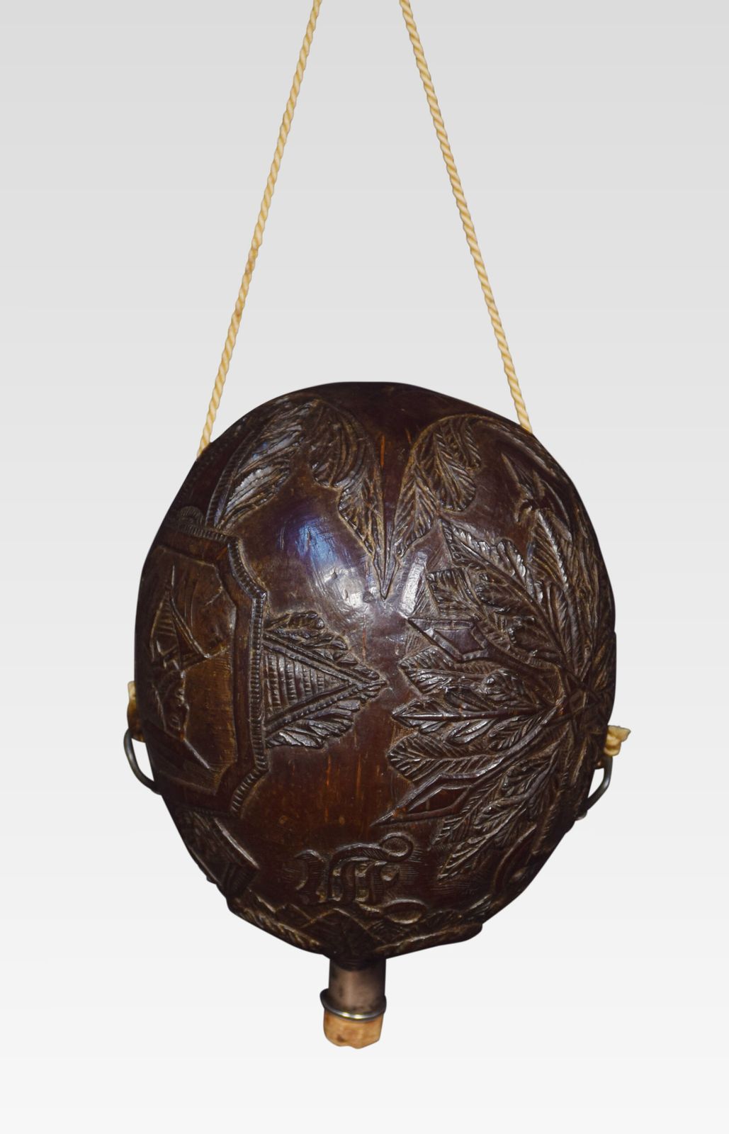 19th Century Carved Bug Bear Coconut Flask photo Home Decor