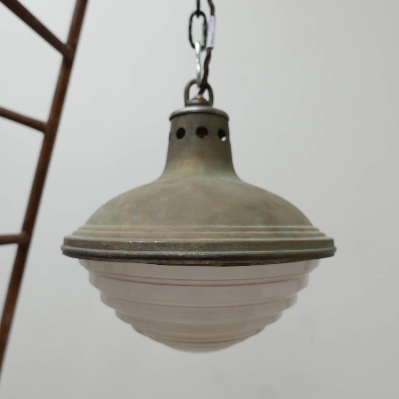 Patinated Metal And Glass Holophane Pendant Lights (3) photo furniture